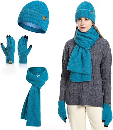 Winter Knit Hat Beanie Scarf for Women with Touch Screen Gloves Set Skull