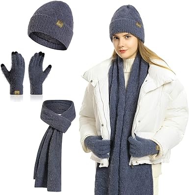 Winter Knit Hat Beanie Scarf for Women with Touch Screen Gloves Set Skull