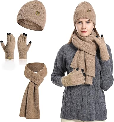 Winter Knit Hat Beanie Scarf for Women with Touch Screen Gloves Set Skull