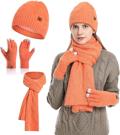Winter Knit Hat Beanie Scarf for Women with Touch Screen Gloves Set Skull