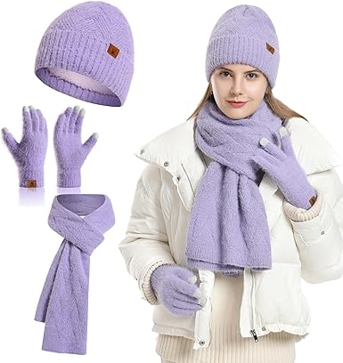 Winter Knit Hat Beanie Scarf for Women with Touch Screen Gloves Set Skull