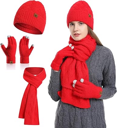Winter Knit Hat Beanie Scarf for Women with Touch Screen Gloves Set Skull