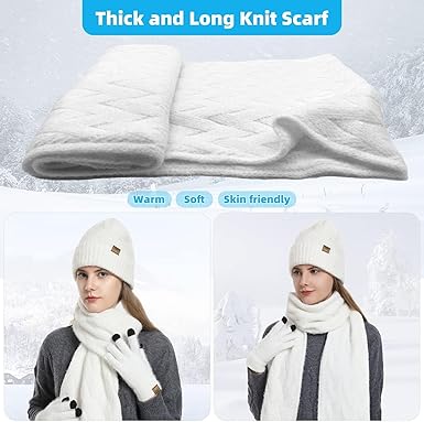 Winter Knit Hat Beanie Scarf for Women with Touch Screen Gloves Set Skull