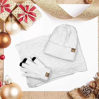 Winter Knit Hat Beanie Scarf for Women with Touch Screen Gloves Set Skull