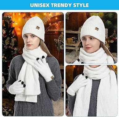 Winter Knit Hat Beanie Scarf for Women with Touch Screen Gloves Set Skull