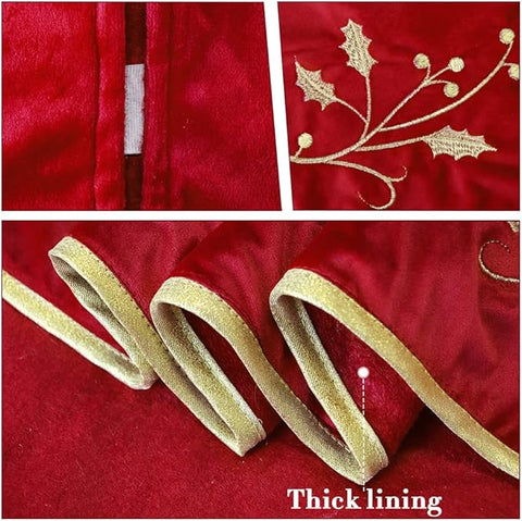 Christmas Tree Skirt|  Red Velvet Plush Fur Skirts with Gold Embroidered
