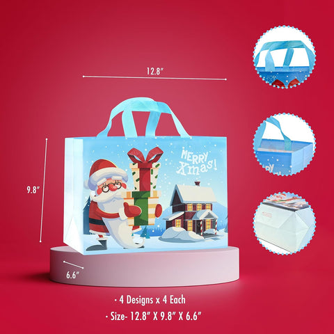 16PCS Christmas Gift Bags,Christmas Tote Bags with Handles, Christmas Treat Bags