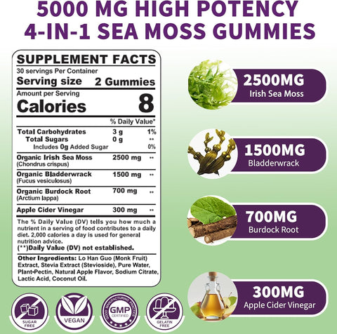 Sea Moss Supplement 5000mg | Sugar Free Sea Moss Gummies