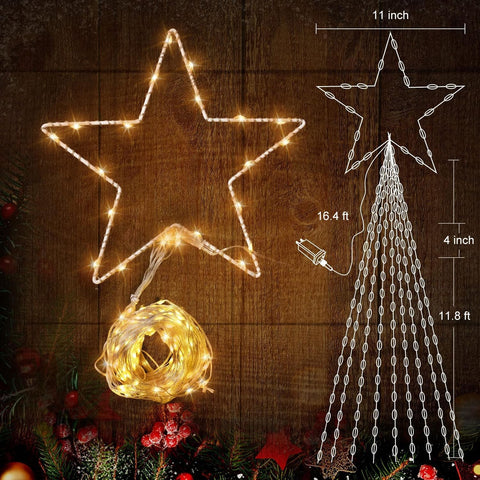 Christmas Decorations Star String Lights- Waterfall Tree Lights with Topper Star