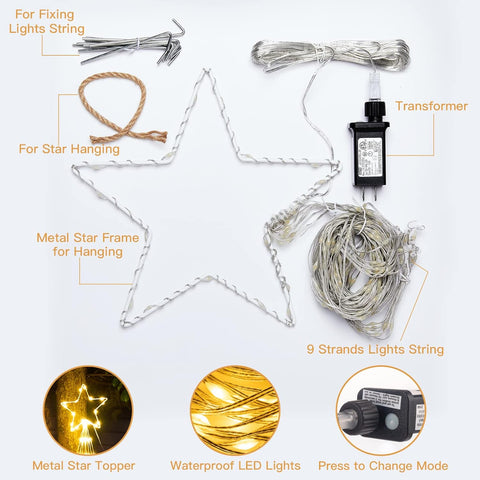 Christmas Decorations Star String Lights- Waterfall Tree Lights with Topper Star